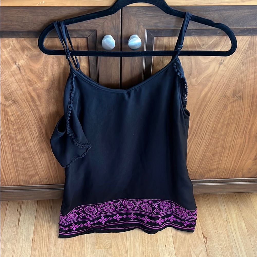 Black and Pink Embroidered Women's Top with Open Shoulder Sleeve